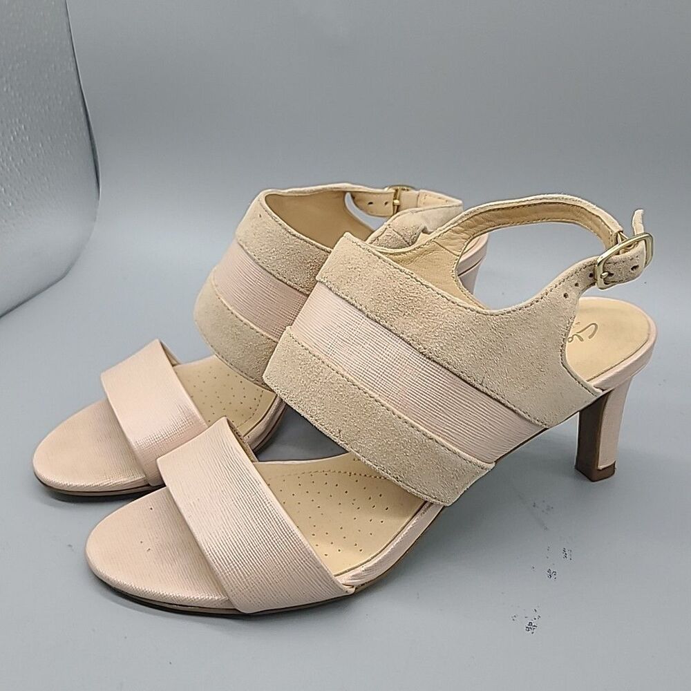 Clarks Womens Laureti Joy Cream Suede Heeled Sandals Slingback Sz 7